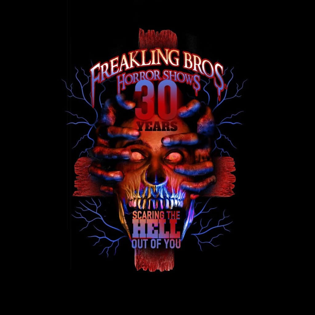 Freakling Brothers 30 year anniversary announcement with red skull and hands