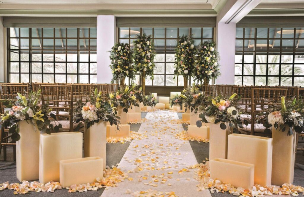 The Park MGM wedding venue decorated with white flowers.