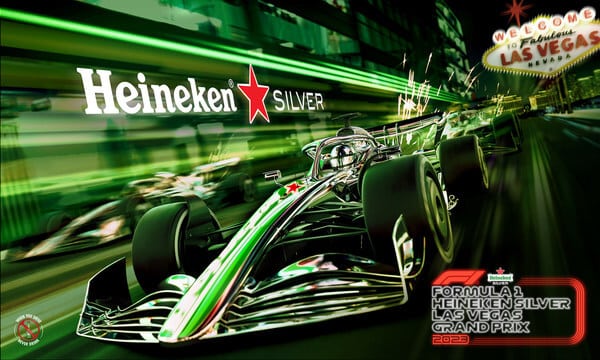 The green Heineken Silver F1 Las Vegas promo poster