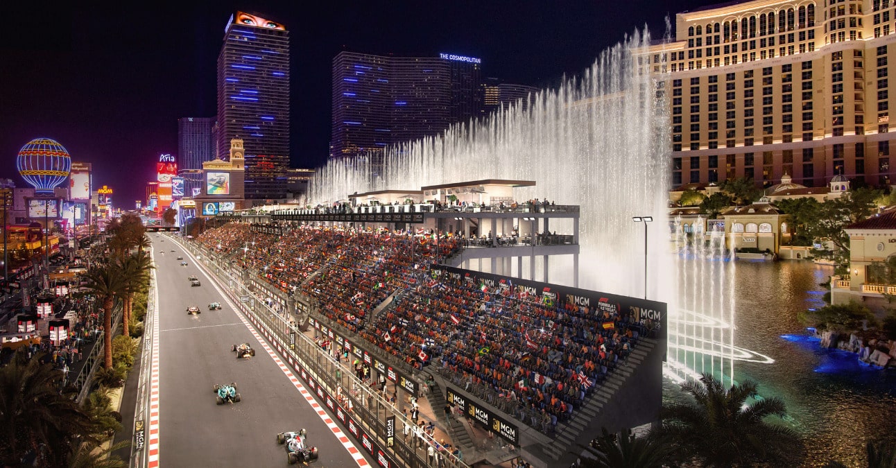 The F1 Las Vegas Bellagio grandstand at night