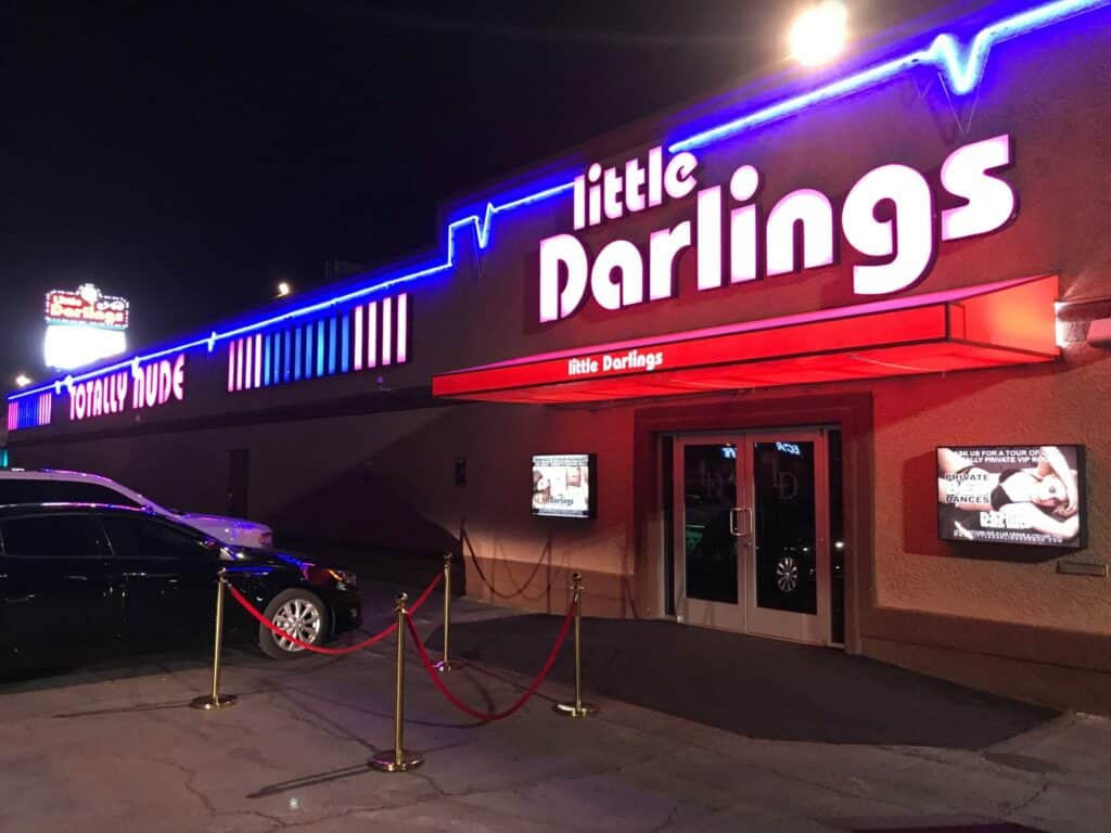 The Little Darlings Las Vegas strip club lit up at night