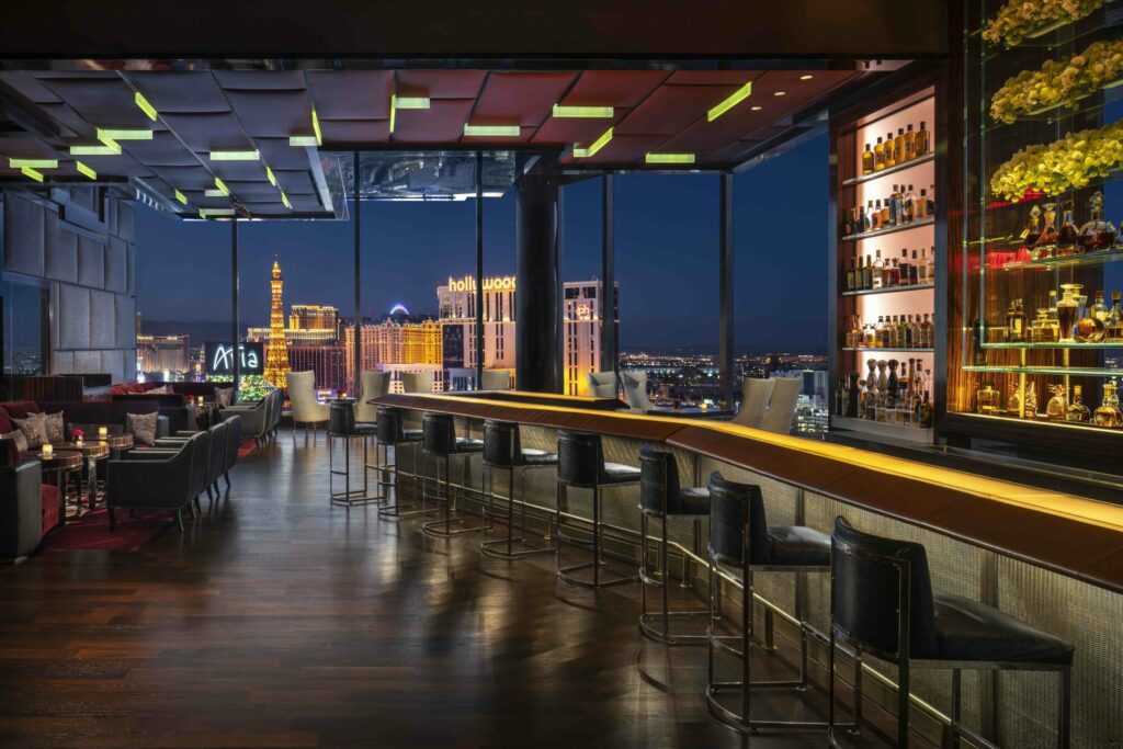 The view of the Las Vagas skyline from the bar at SkyBar in the Wadorf Astoria