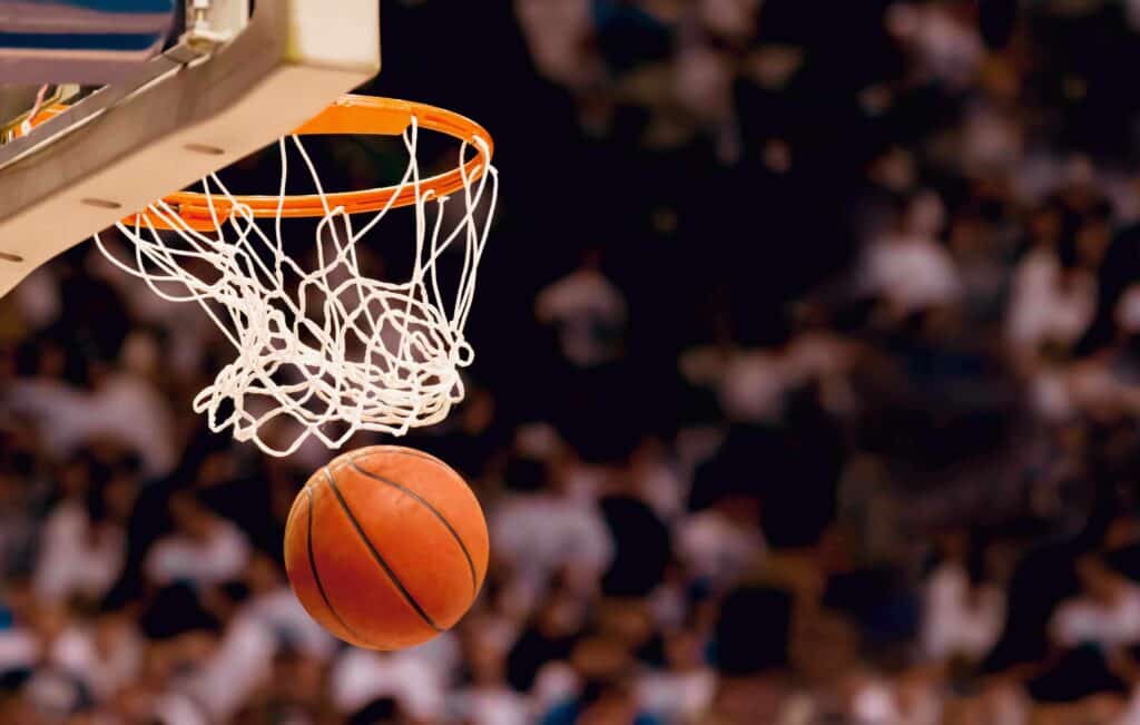 A basketball swishing through the hoop during an NBA Summer League game