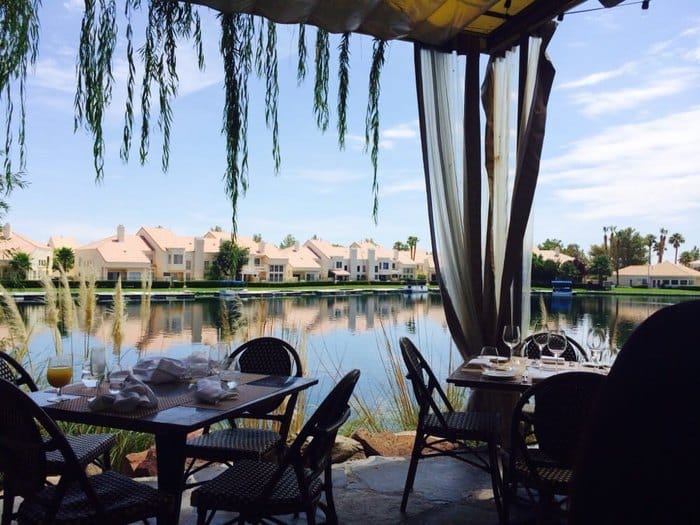 Lakeside dining at Marche Bacchus, offering a peaceful and romantic setting away from the Las Vegas Strip.